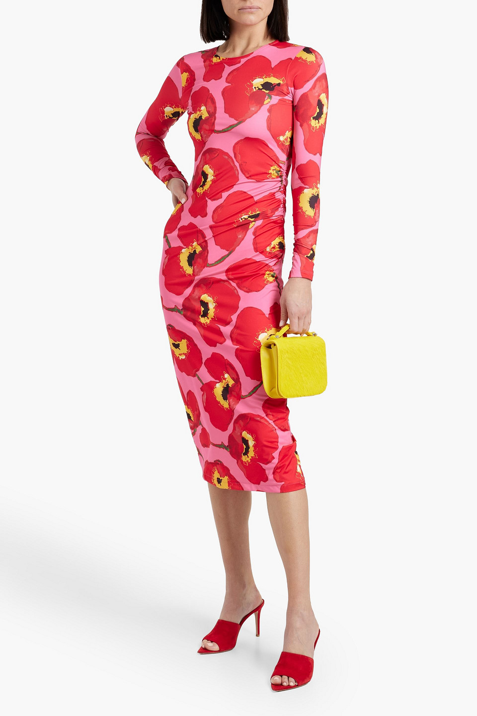 Shop Carolina Herrera Ruched Floral-print Satin Midi Dress In Red