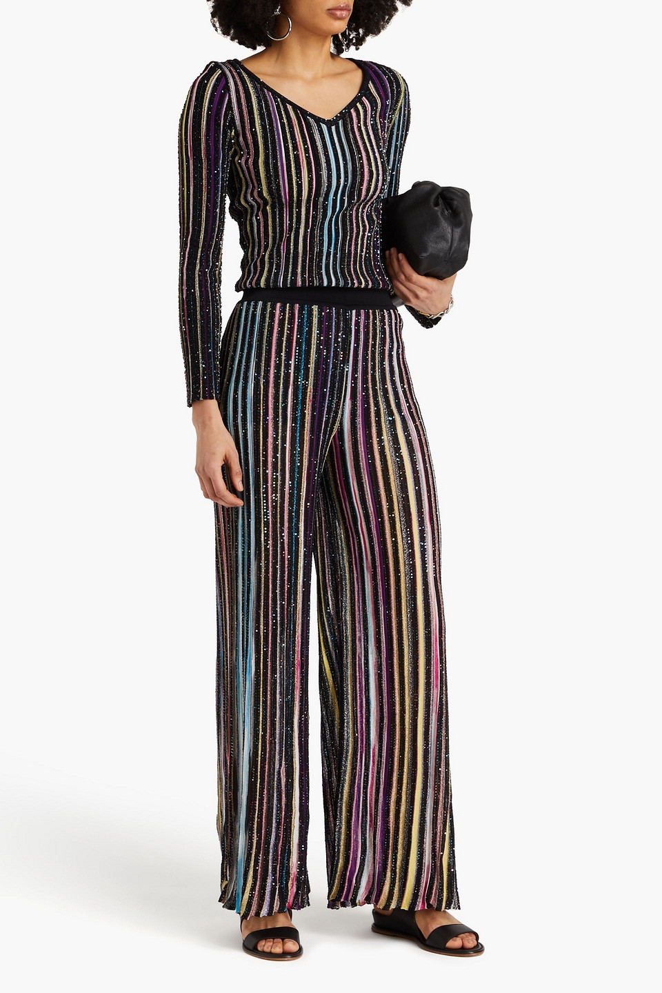 Shop Missoni Metallic Sequined Crochet-knit Wide-leg Pants In Black