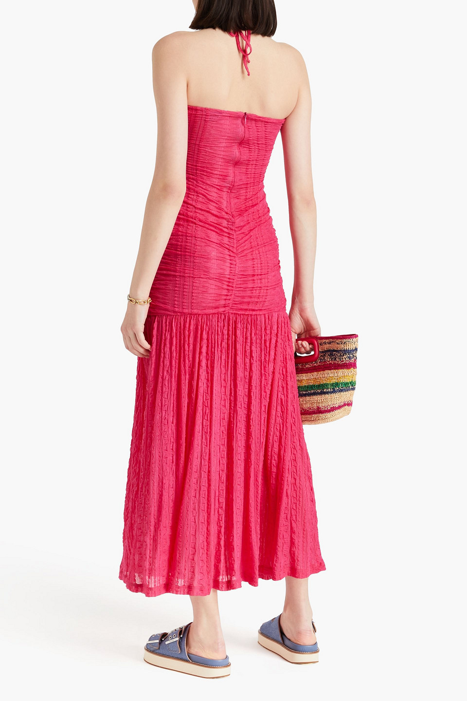 Shop Ganni Ruched Textured-knit Halterneck Maxi Dress In Fuchsia