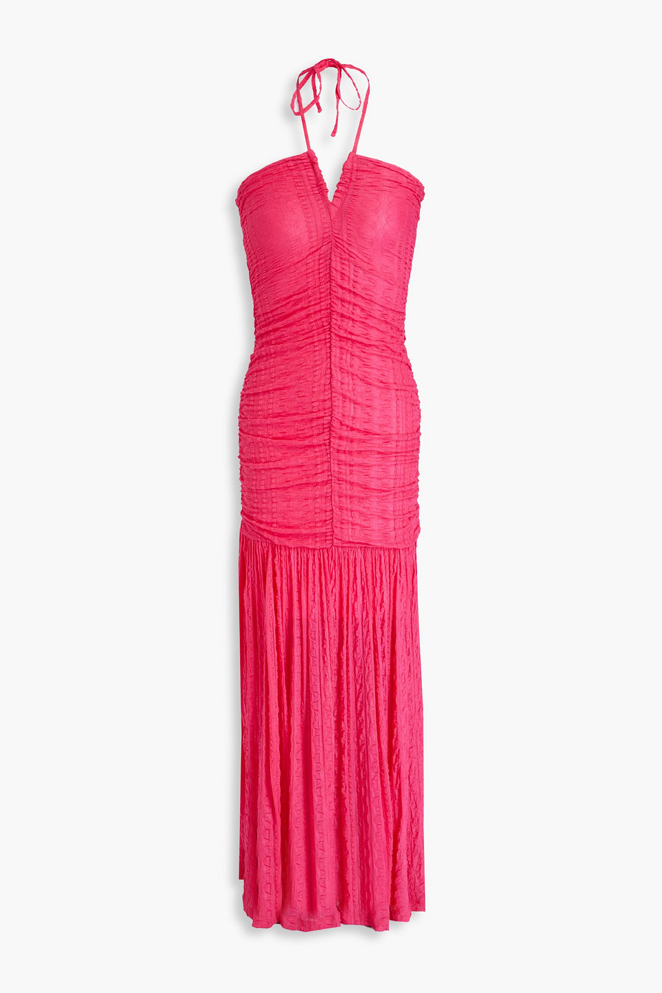 Ganni Ruched Stretch-knit Halterneck Maxi Dress In Fuchsia