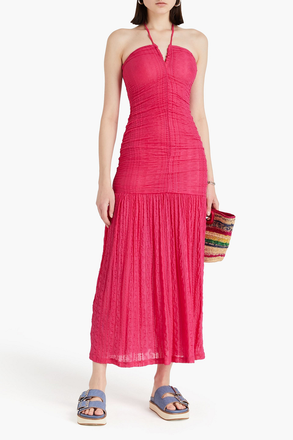 Shop Ganni Ruched Textured-knit Halterneck Maxi Dress In Fuchsia