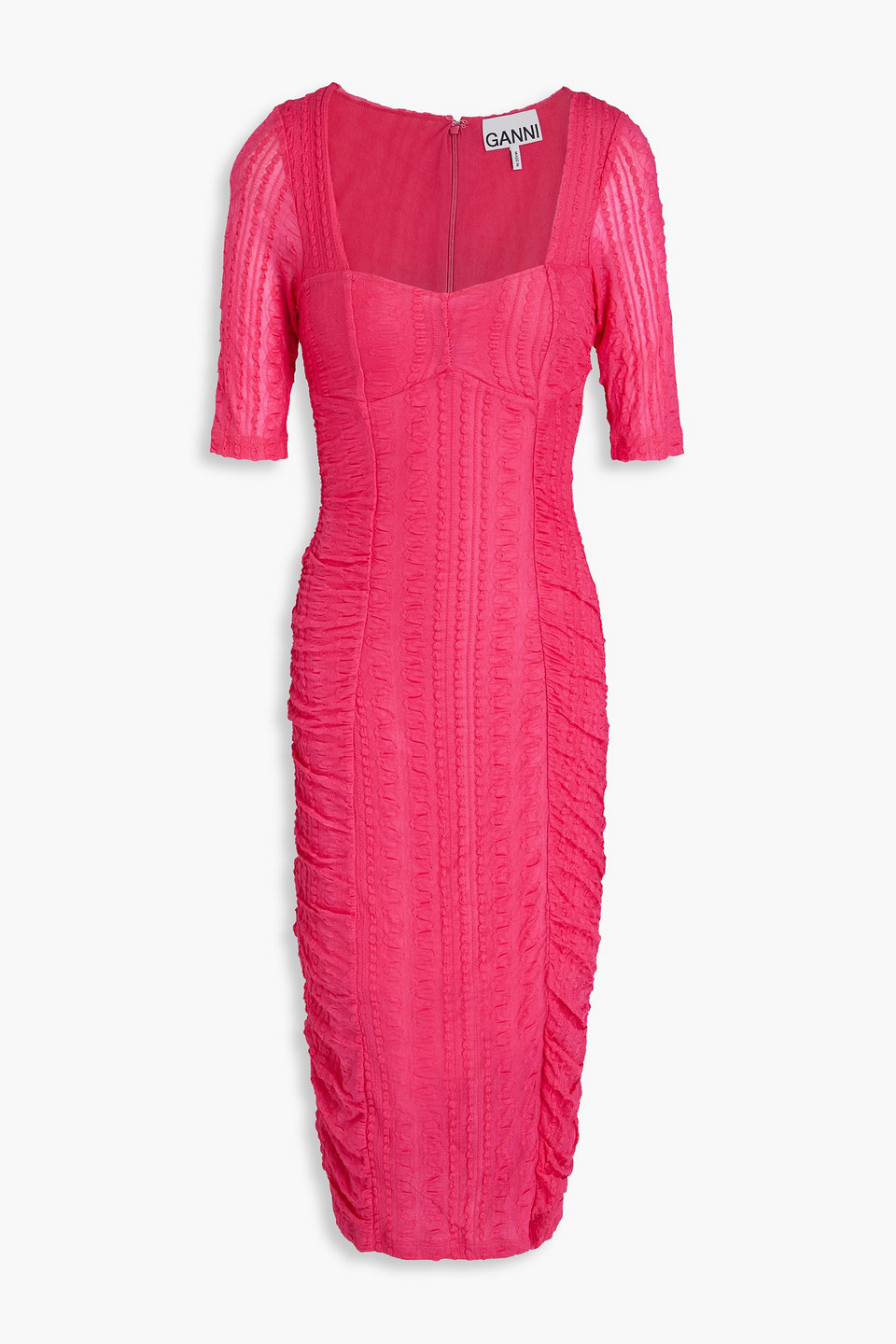 Ganni Ruched Cloqué Dress In Pink