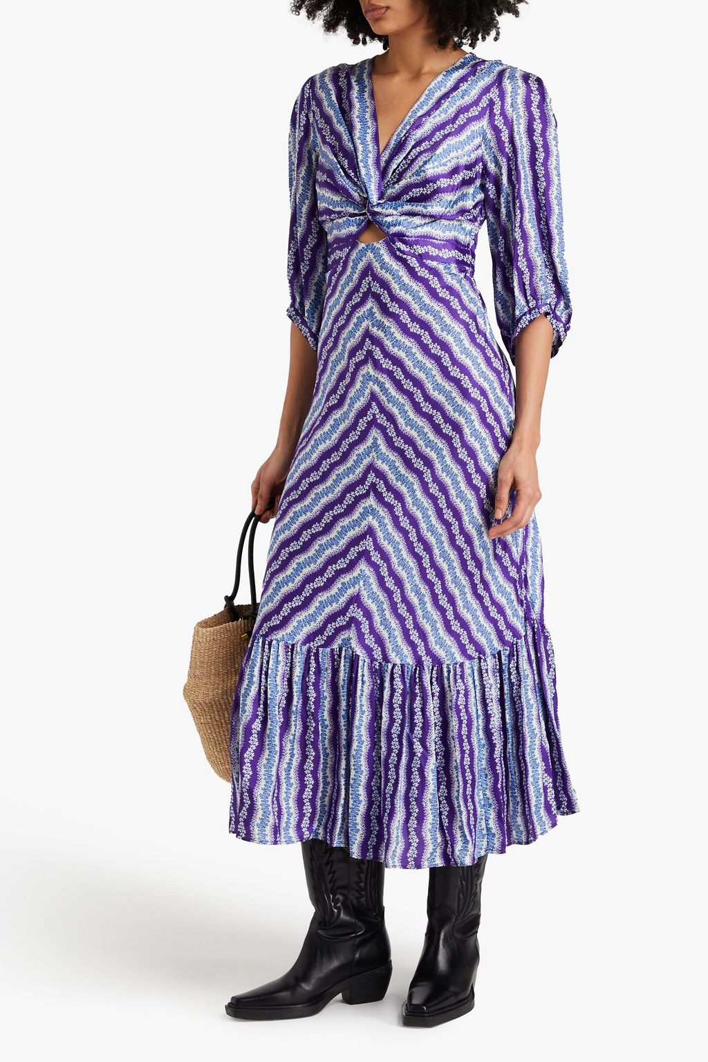 SANDRO Maxikleid aus glänzendem Twill mit floralem Print, Twist-Detail und Cut-outs