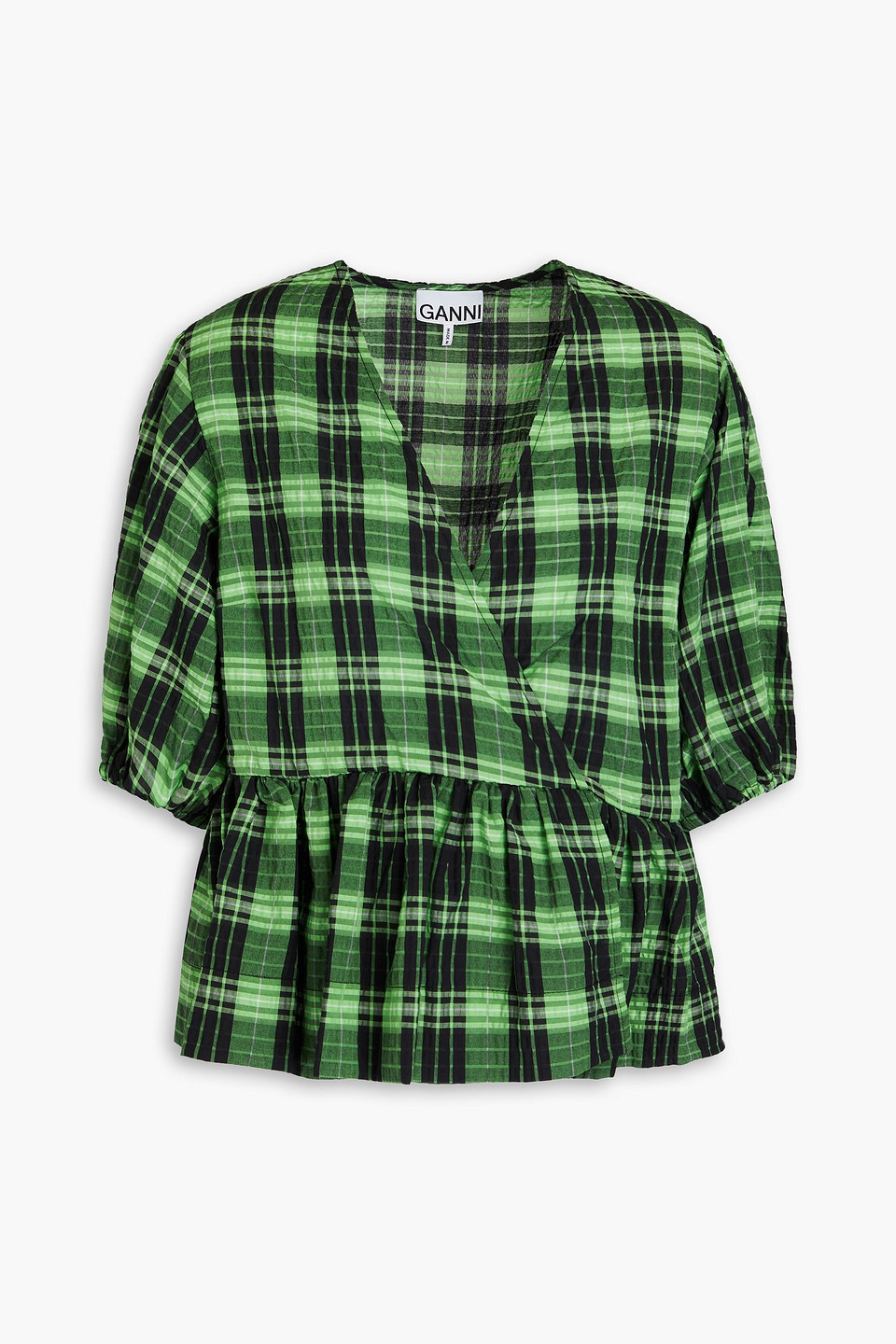 Shop Ganni Checked Seersucker Blouse In Green