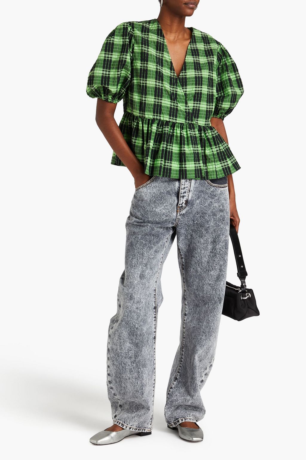 GANNI Checked seersucker blouse