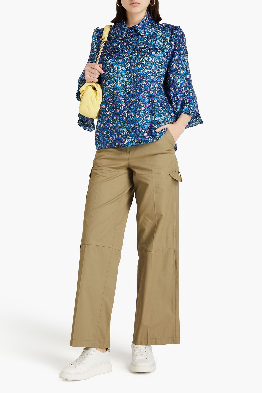 SANDRO Hemd aus Seiden-Twill mit floralem Print und Rüschen