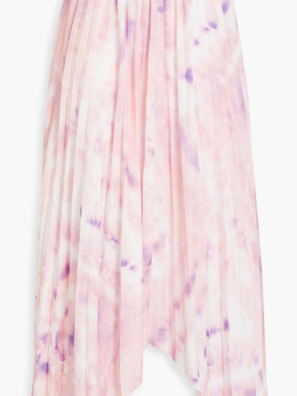 asymmetric pleated printed satin midi skirt