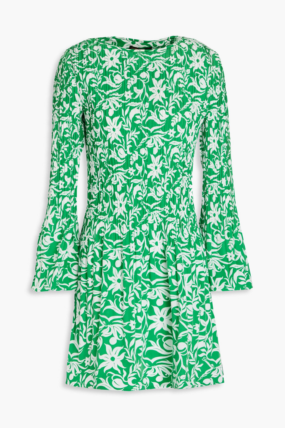 Maje Floral-print Plissé-crepe Mini Dress In Green