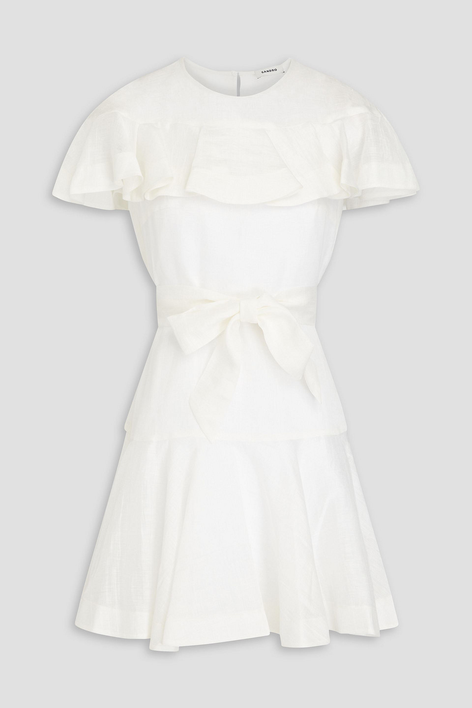 Sandro Ruffled Belted Linen-blend Gauze Mini Dress In White