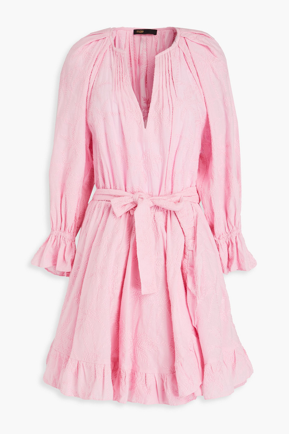 Maje Ruffled Embroidered Cotton Mini Dress In Baby-pink