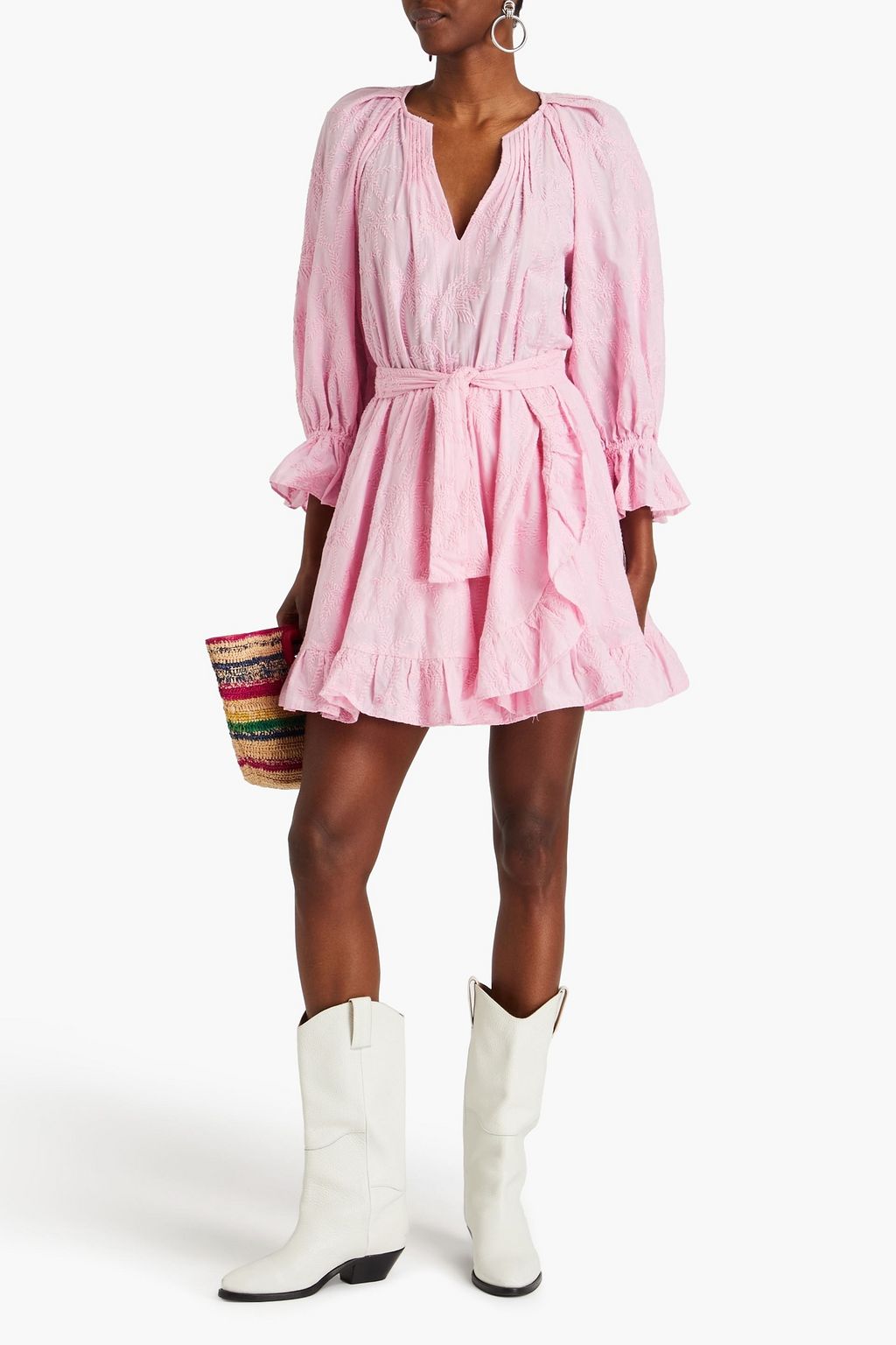 MAJE Ruffled embroidered cotton mini dress