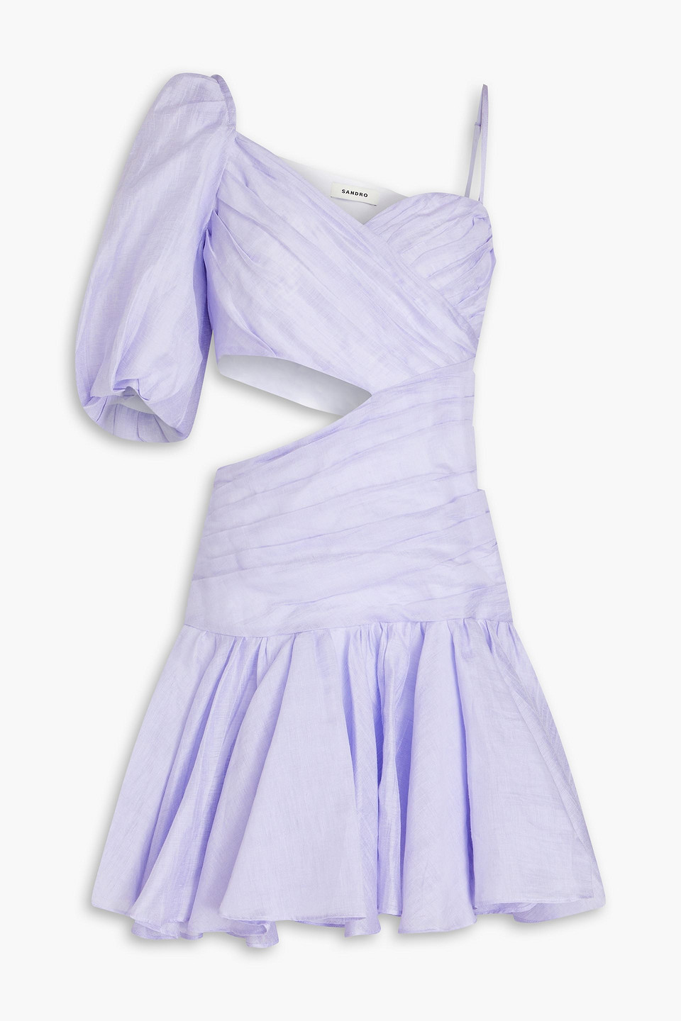 Sandro One-sleeve Cutout Linen-blend Gauze Mini Dress In Lilac