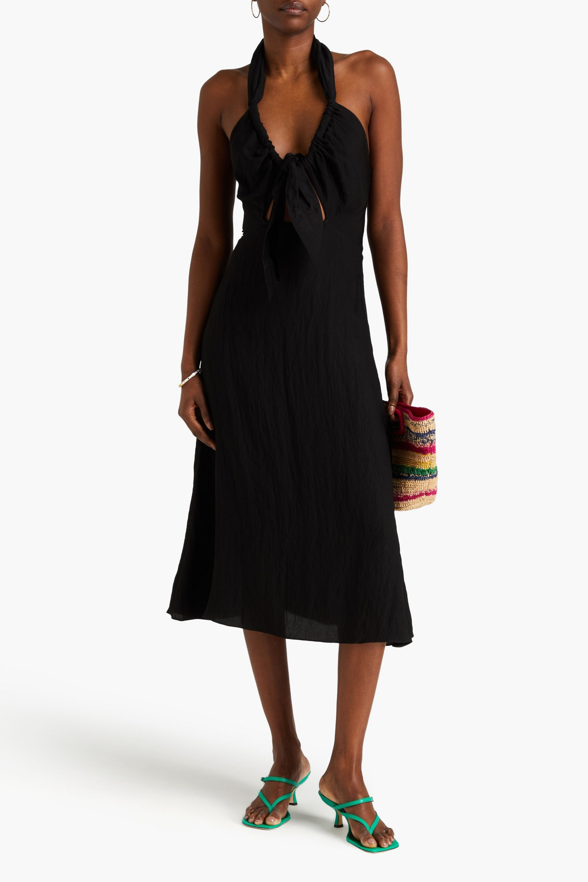 SANDRO Knotted crinkled-gauze halterneck midi dress