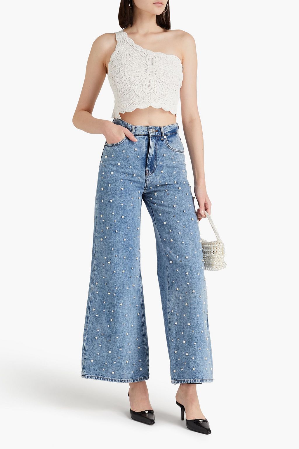 MAJE Embellished high-rise wide-leg jeans