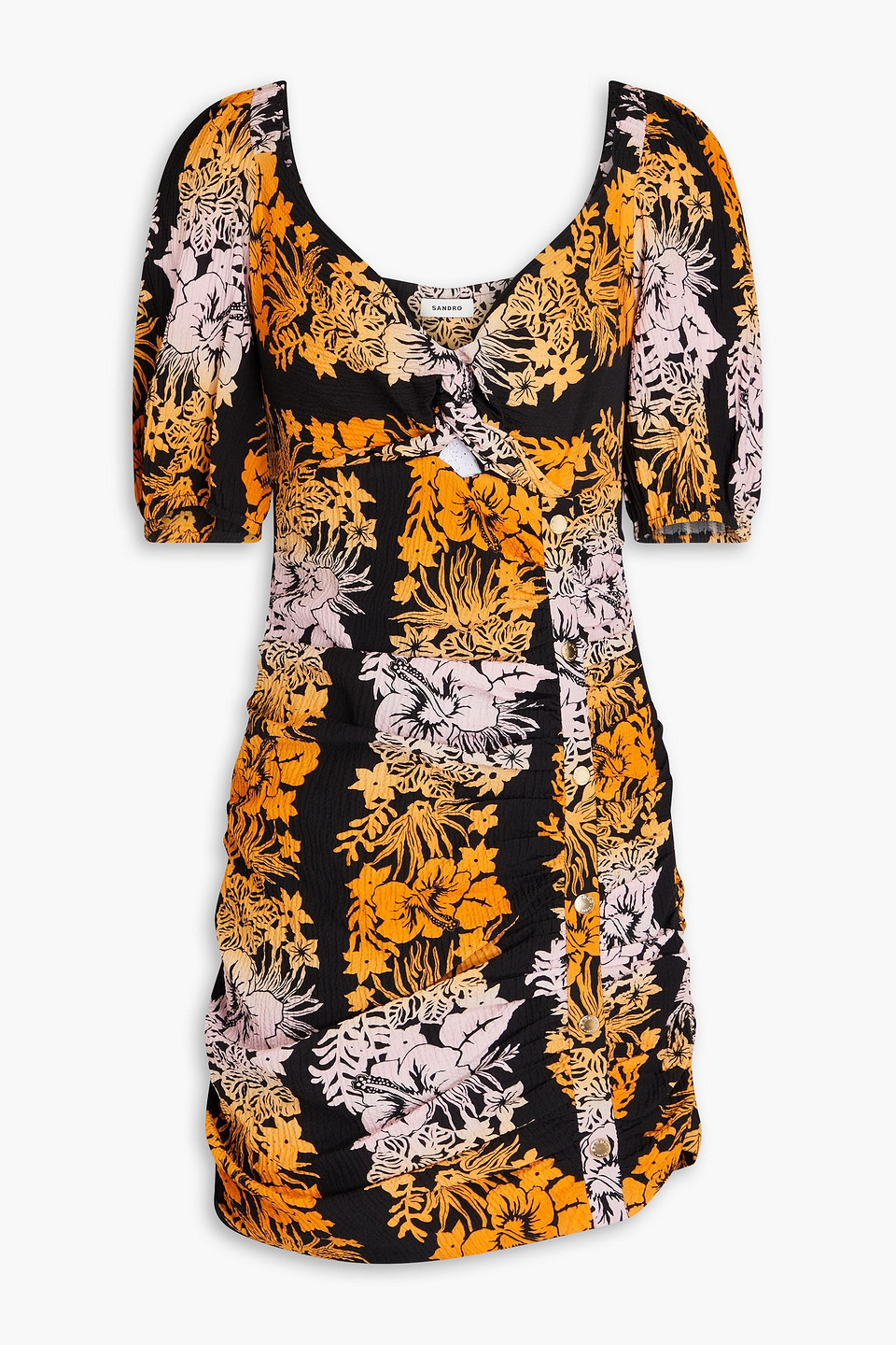 Sandro Cutout Floral-print Cotton-blend Seersucker Mini Dress In Black