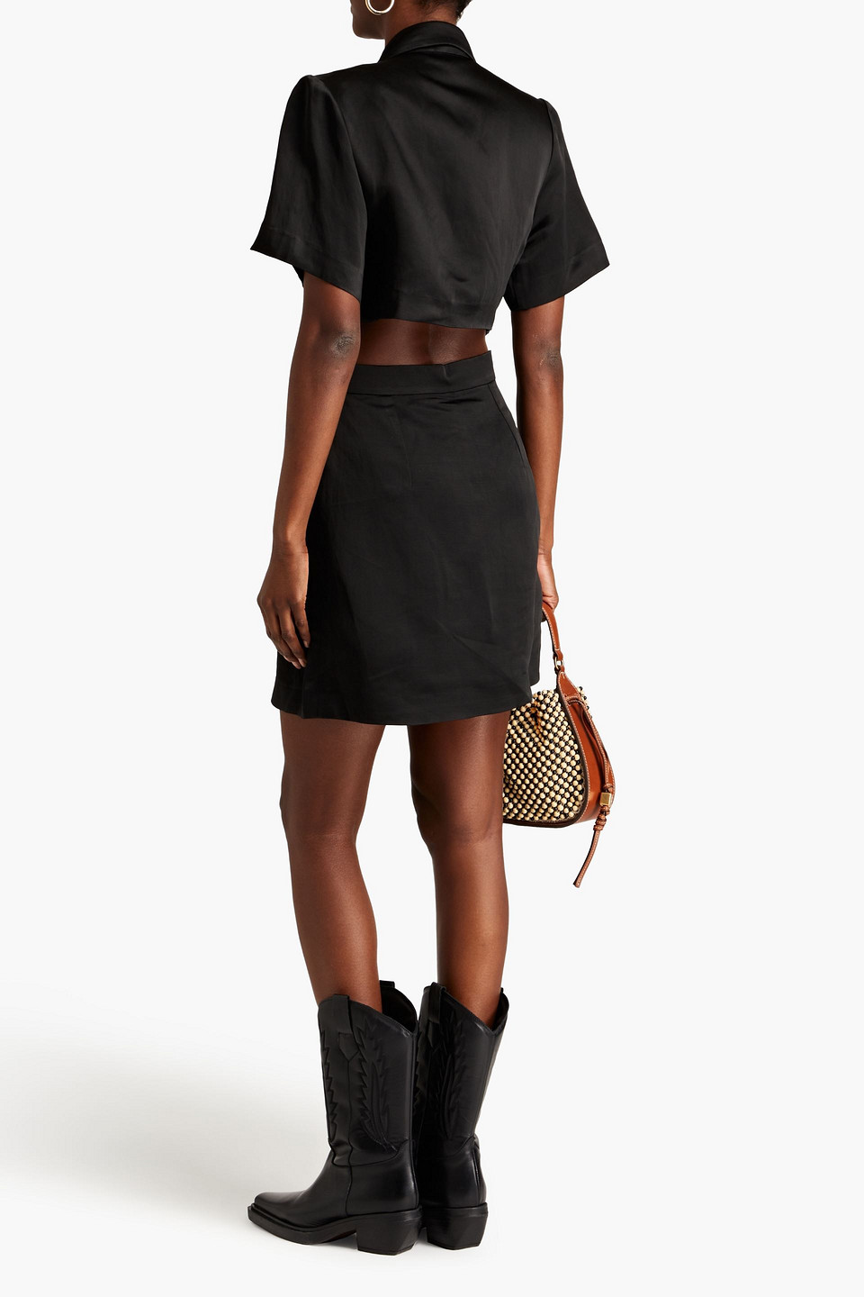 Sandro Cutout Shantung Mini Shirt Dress In Black