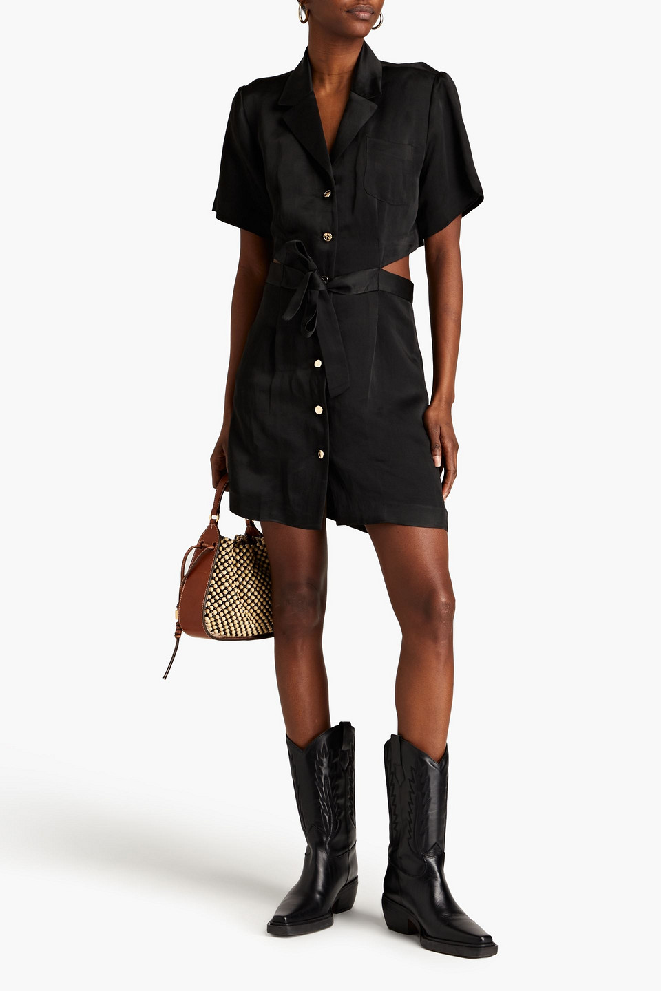 Sandro Cutout Shantung Mini Shirt Dress In Black