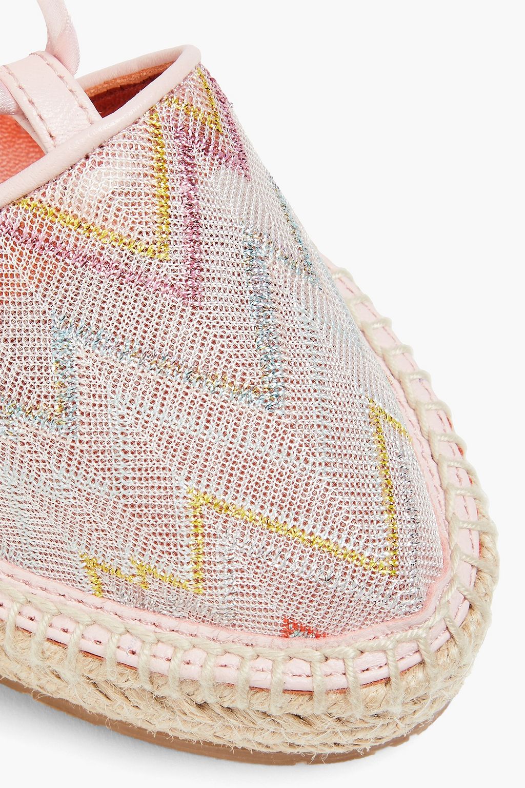 MISSONI Satin and leather-trimmed crochet-knit wedge espadrilles
