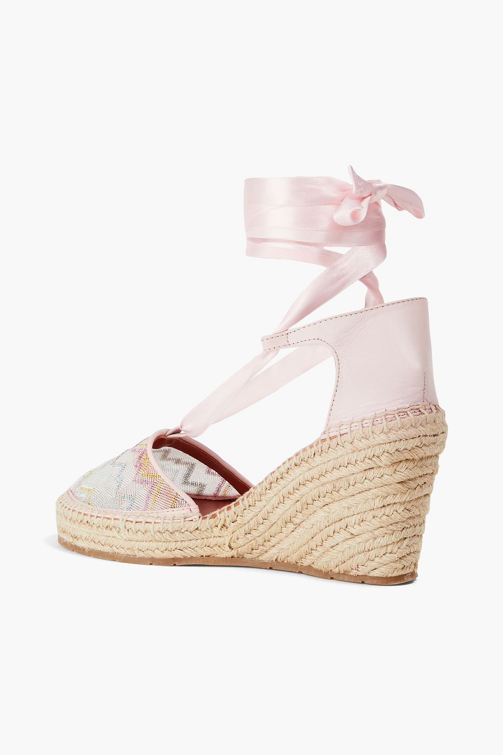 MISSONI Satin and leather-trimmed crochet-knit wedge espadrilles
