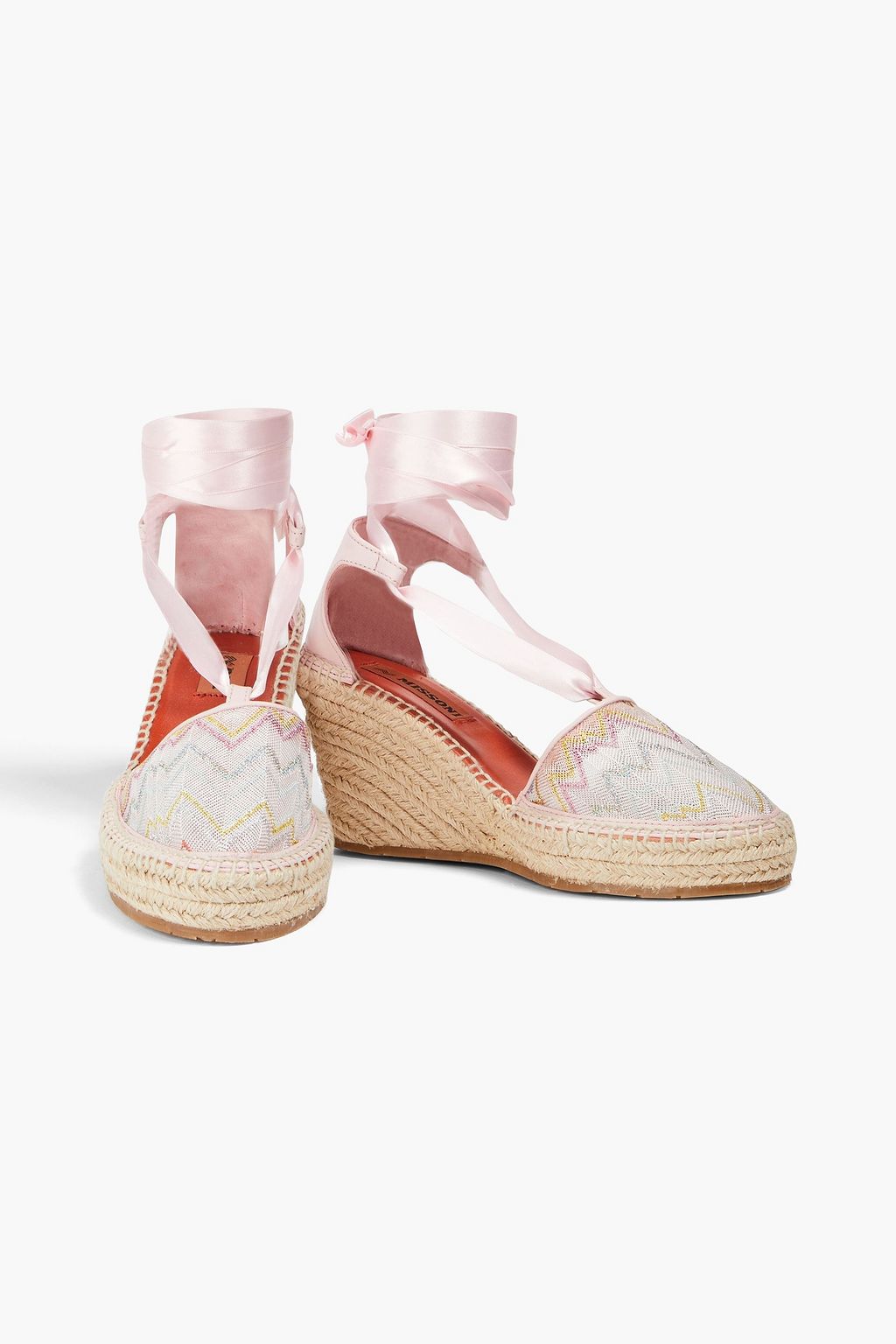 MISSONI Satin and leather-trimmed crochet-knit wedge espadrilles