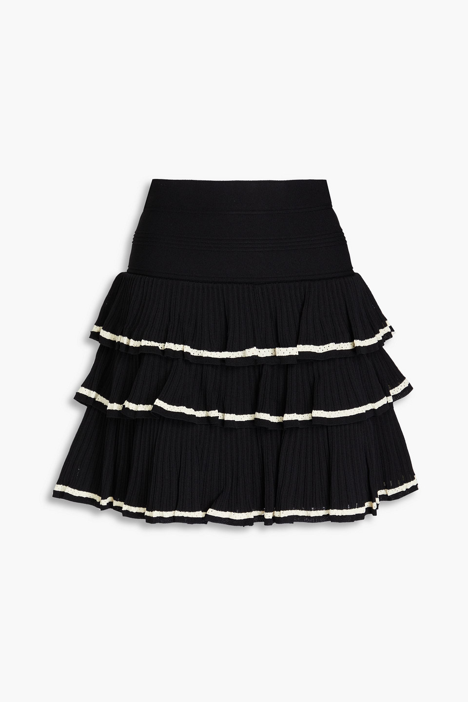 Sandro Tiered Ribbed-knit Mini Skirt In Black