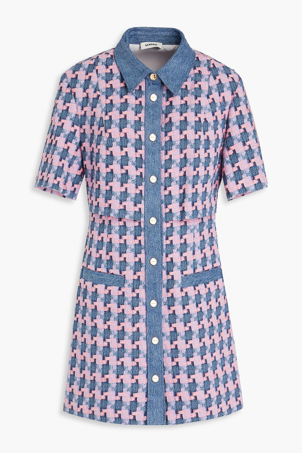 Sandro Denim-trimmed Tweed Mini Shirt Dress In Blue