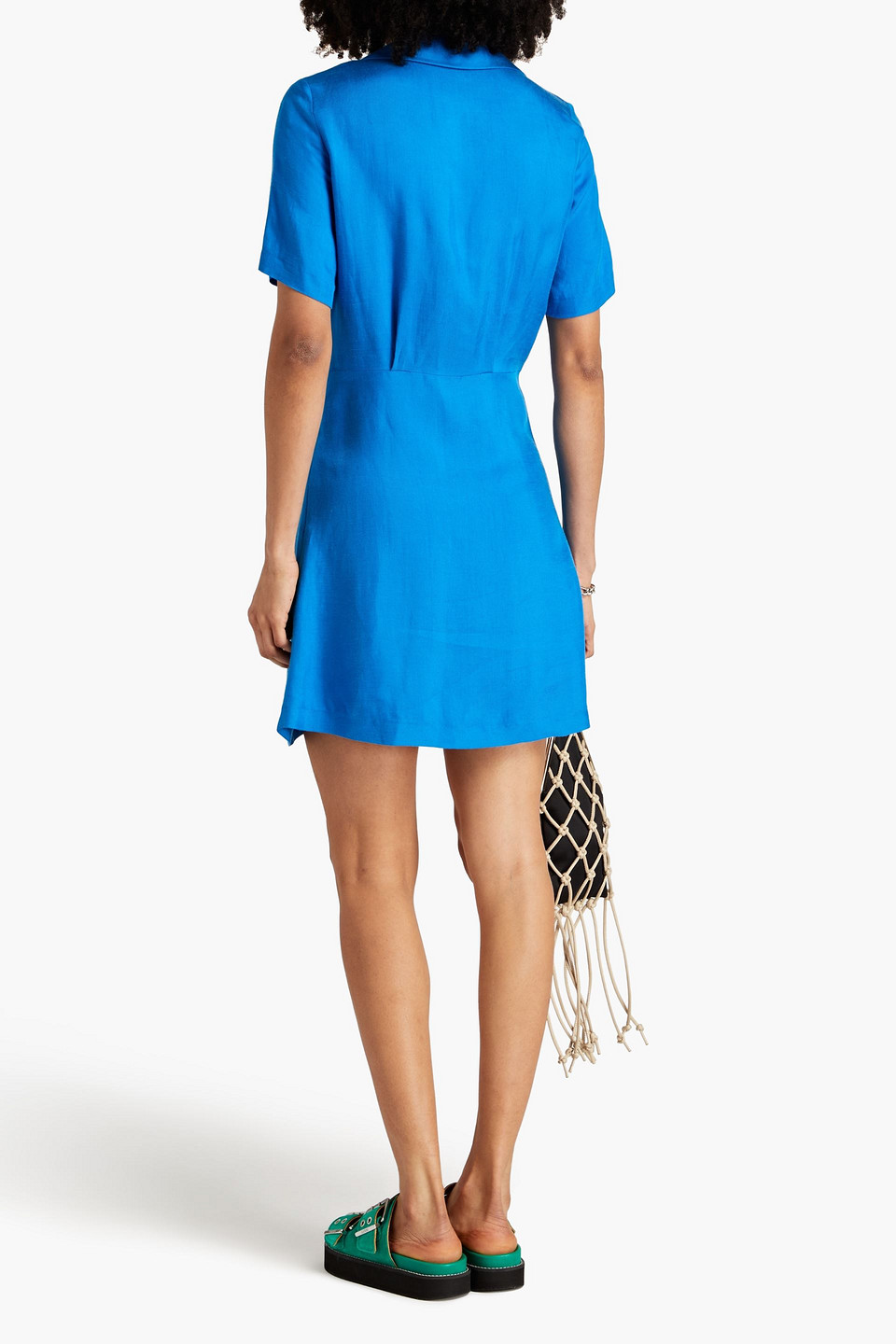 Sandro Bow-detailed Ruched Twill Mini Dress In Azure