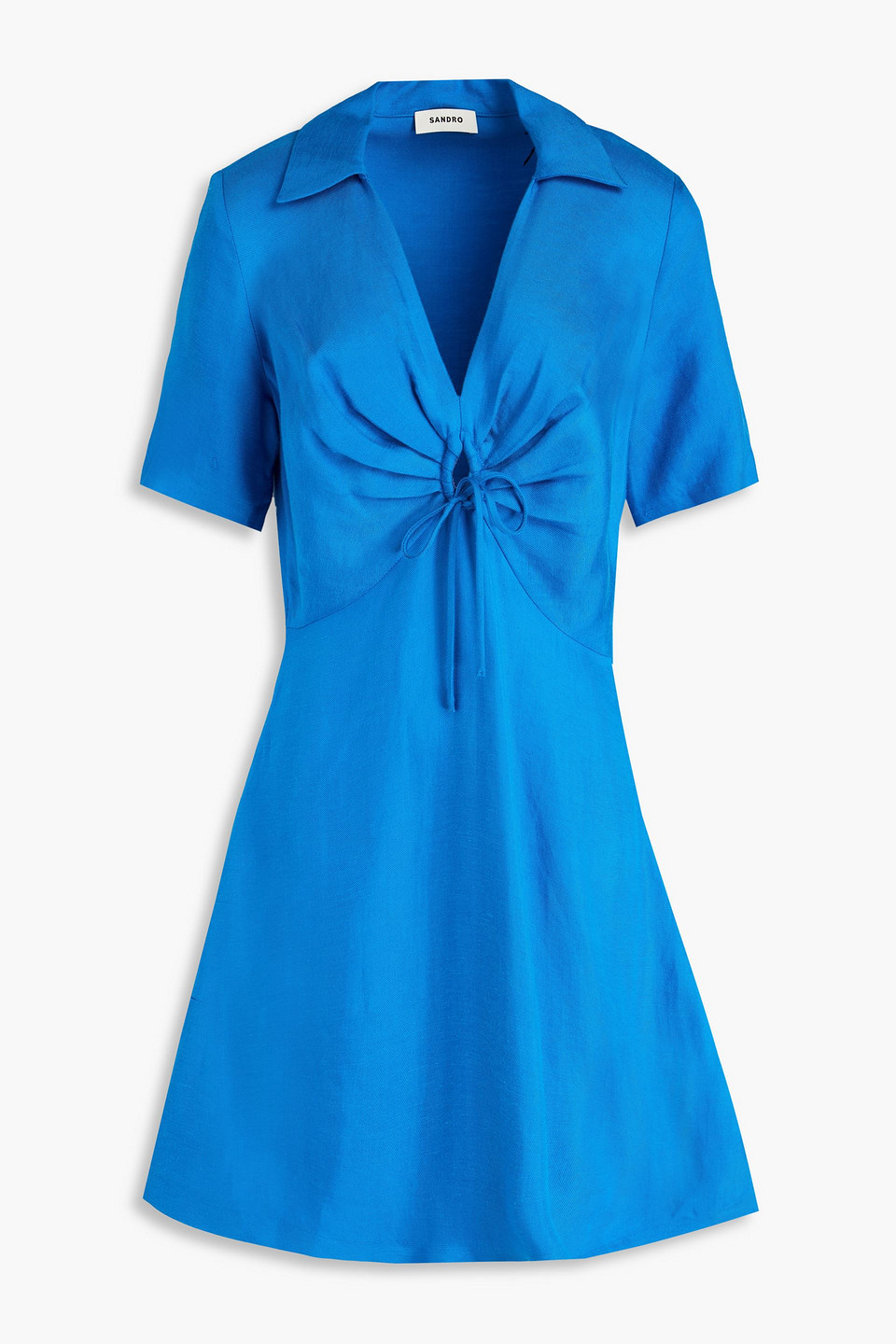 Sandro Bow-detailed Ruched Twill Mini Dress In Azure