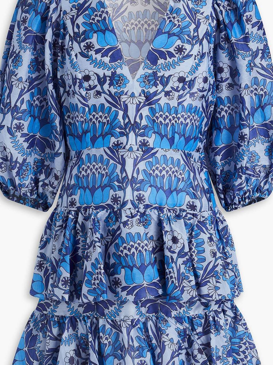 tiered printed linen-blend gauze mini dress