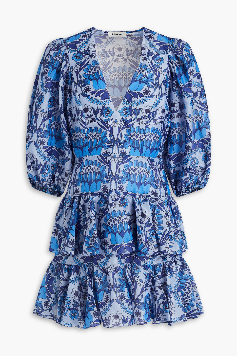 Sandro Tiered Floral-print Linen-blend Gauze Mini Dress In Blue