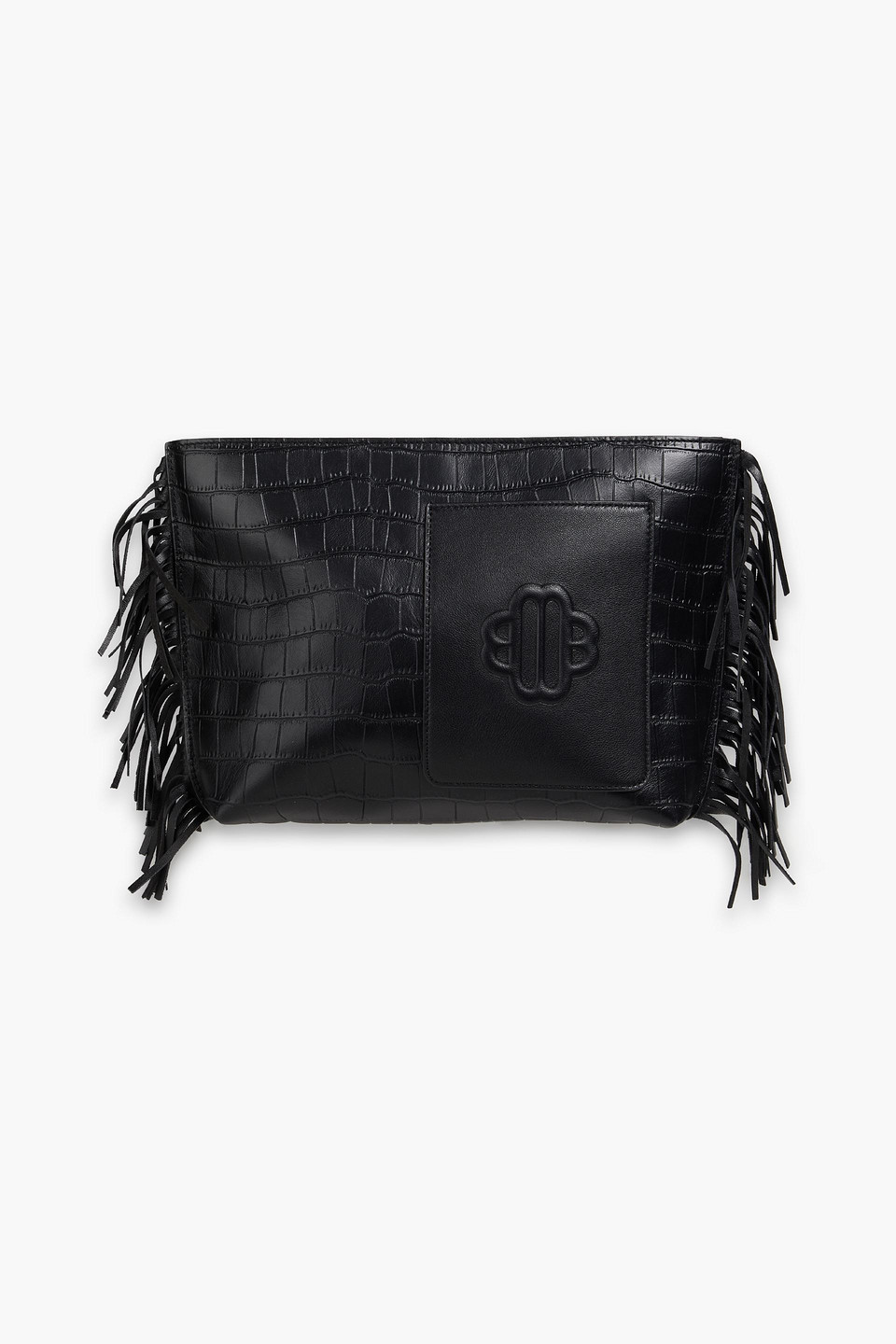Maje Fringed Croc-effect Leather Pouch In Schwarz