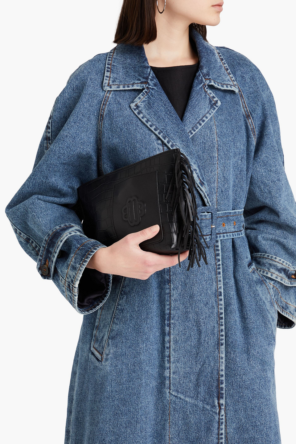 MAJE FRINGED CROC-EFFECT LEATHER POUCH