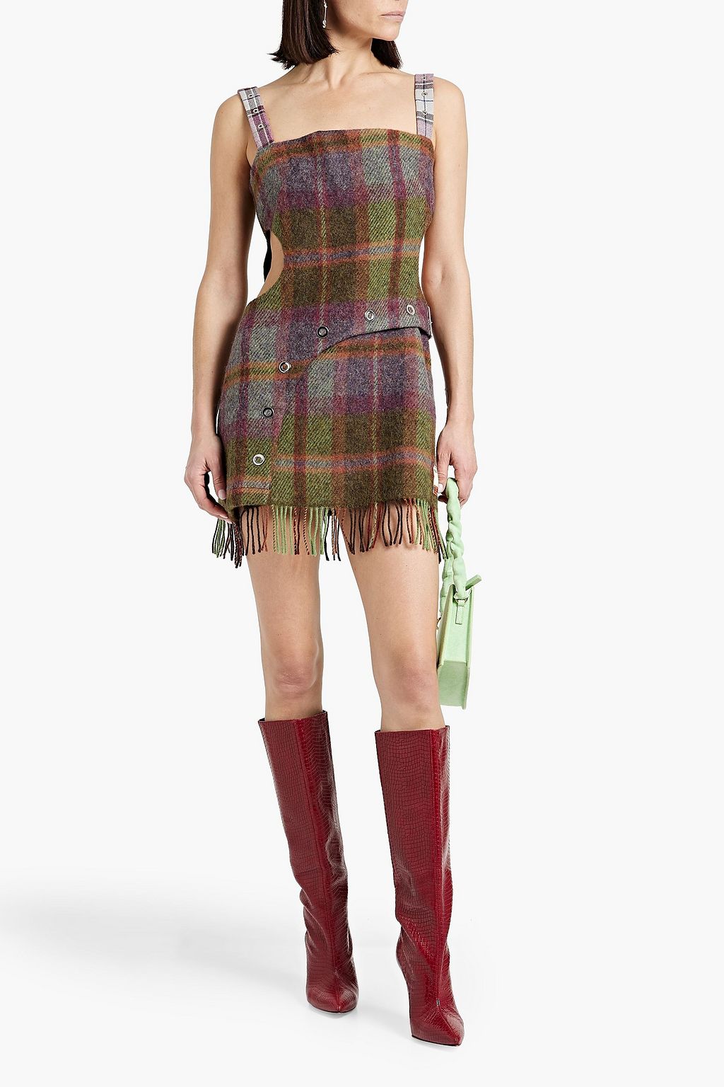 RAVE REVIEW Yaam cutout checked wool-felt mini dress
