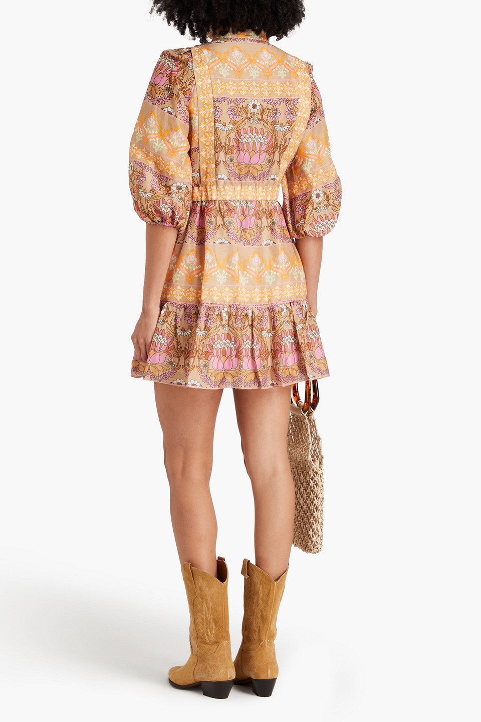 Sandro Gathered Printed Linen-blend Gauze Mini Dress In Taupe