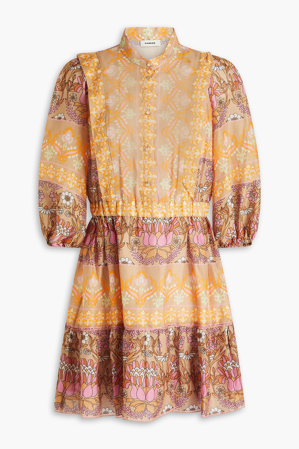 Sandro Gathered Printed Linen-blend Gauze Mini Dress In Taupe