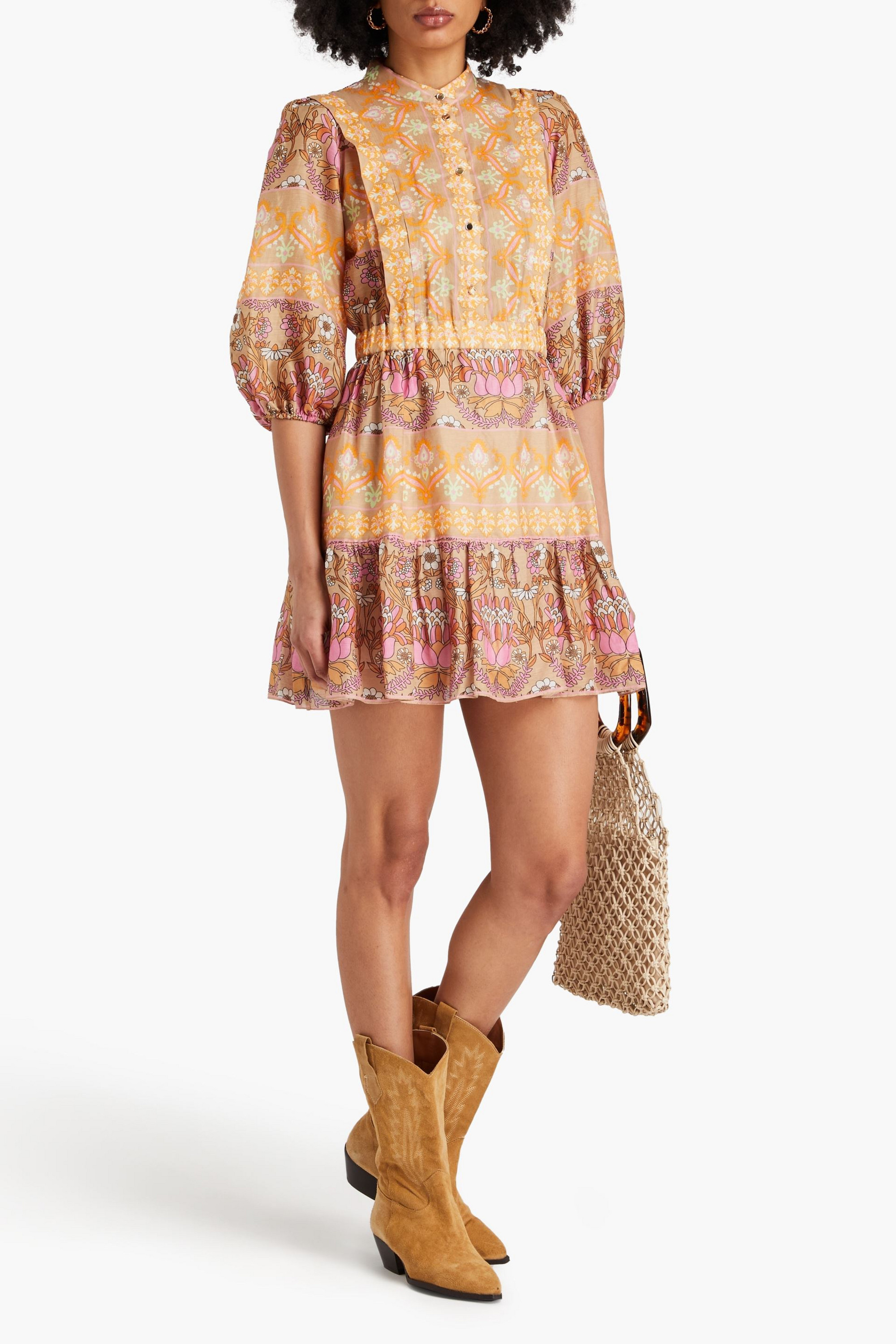 SANDRO Printed linen-blend gauze mini dress