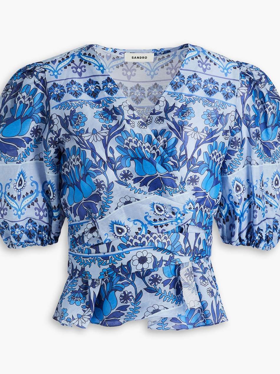 printed linen-blend gauze wrap blouse