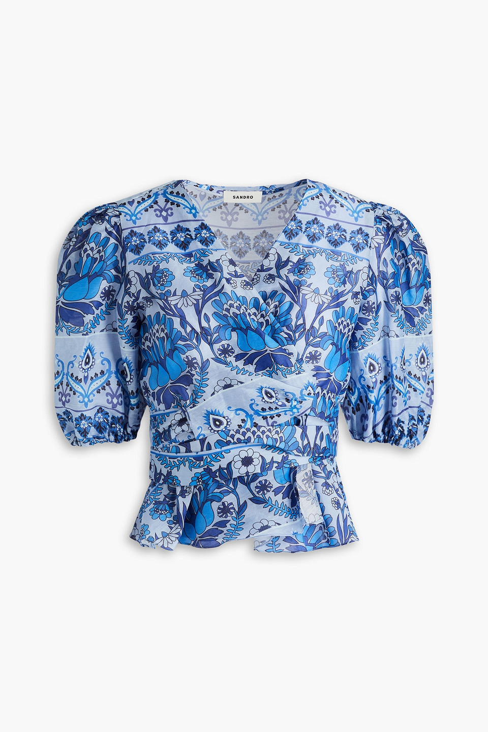 Sandro Printed Linen-blend Gauze Wrap Blouse In Light Blue