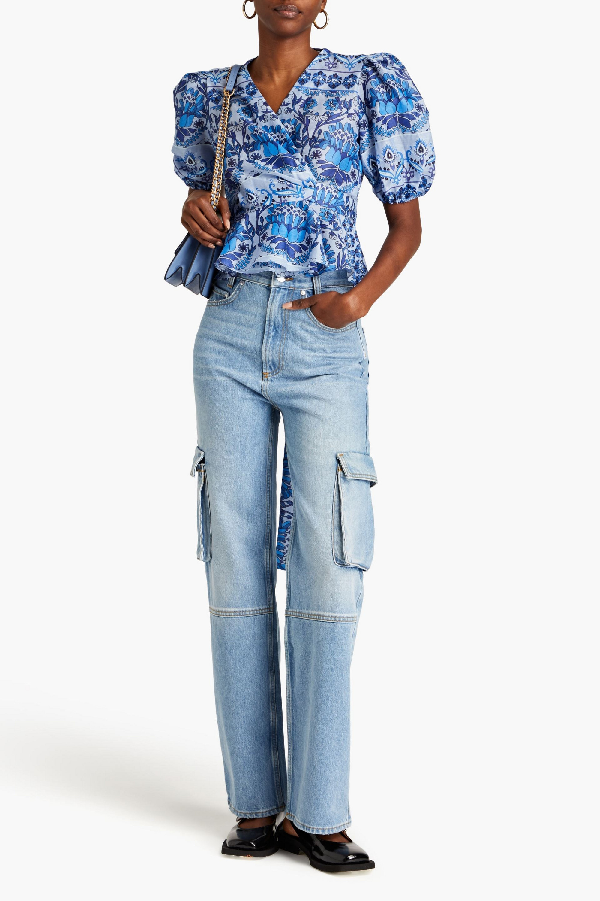 SANDRO Printed linen-blend gauze wrap blouse