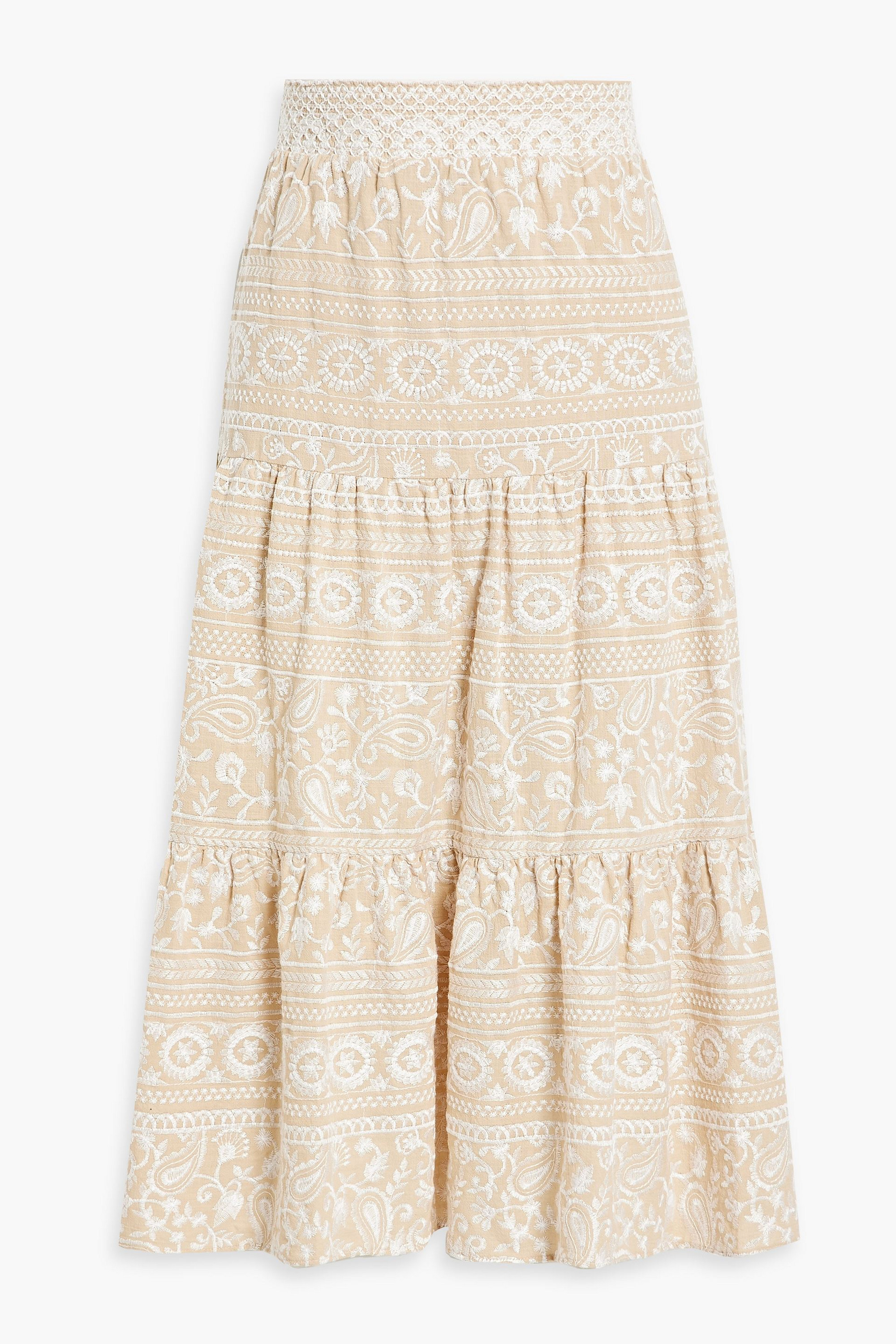alice + olivia Reise tiered embroidered cotton midi skirt thumbnail