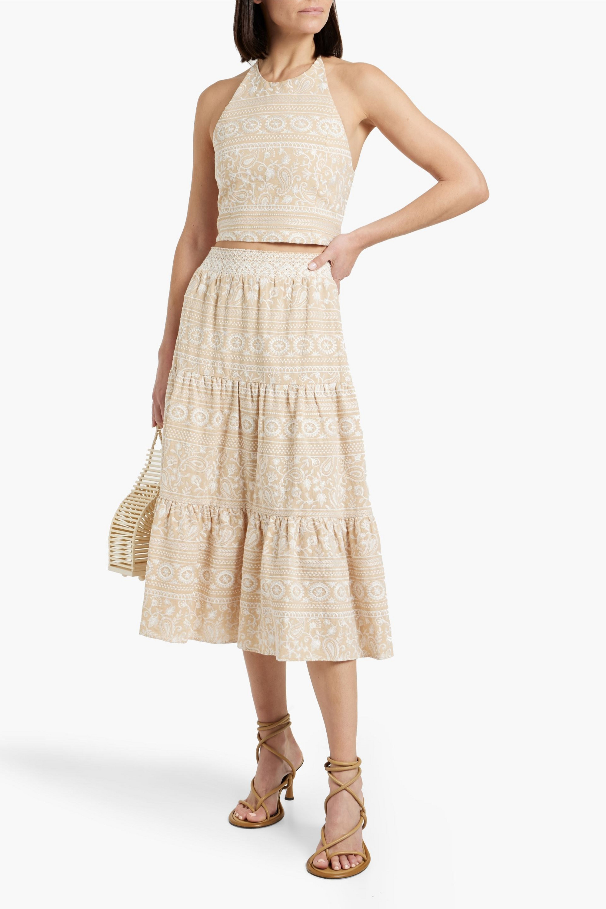 alice + olivia Reise tiered embroidered cotton midi skirt