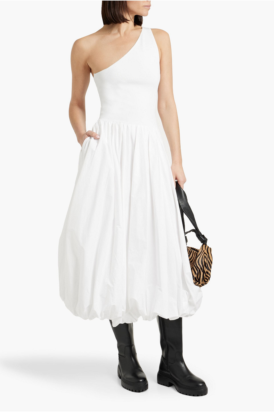 Shop Derek Lam 10 Crosby Dune One-shoulder Cotton-blend Jersey And Poplin Midi Dress In White