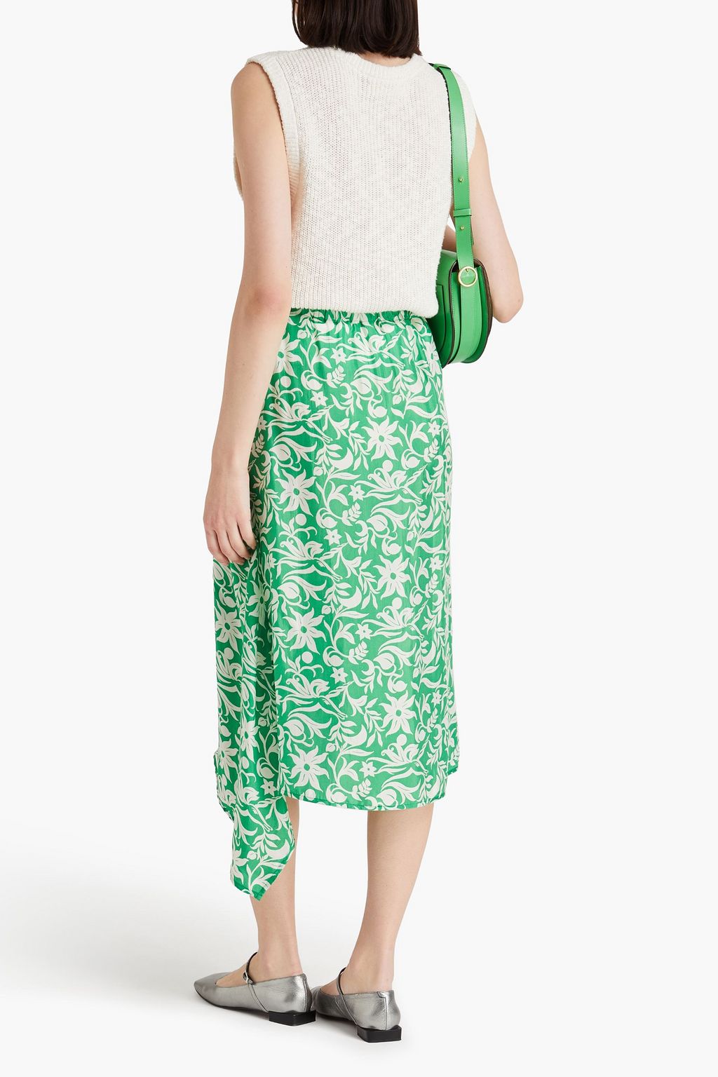 MAJE Draped floral-print cupro-blend satin-twill midi skirt