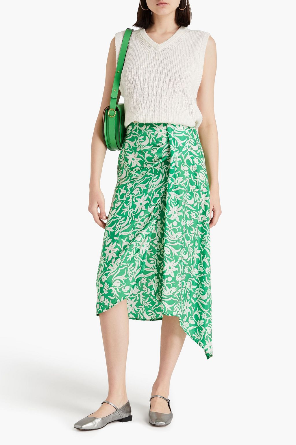 MAJE Draped floral-print cupro-blend satin-twill midi skirt