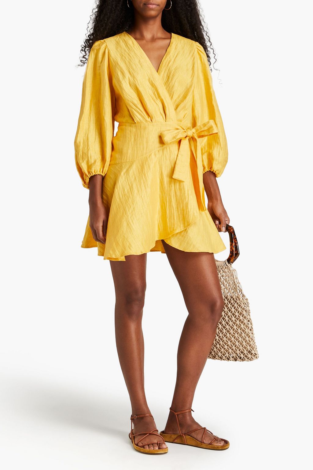 MAJE Crinkled linen-blend mini wrap dress