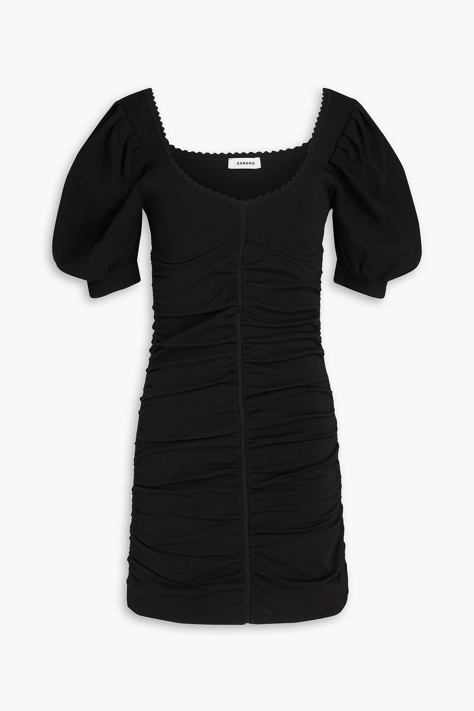 Sandro Poitou Ruched Stretch-knit Mini Dress In Black