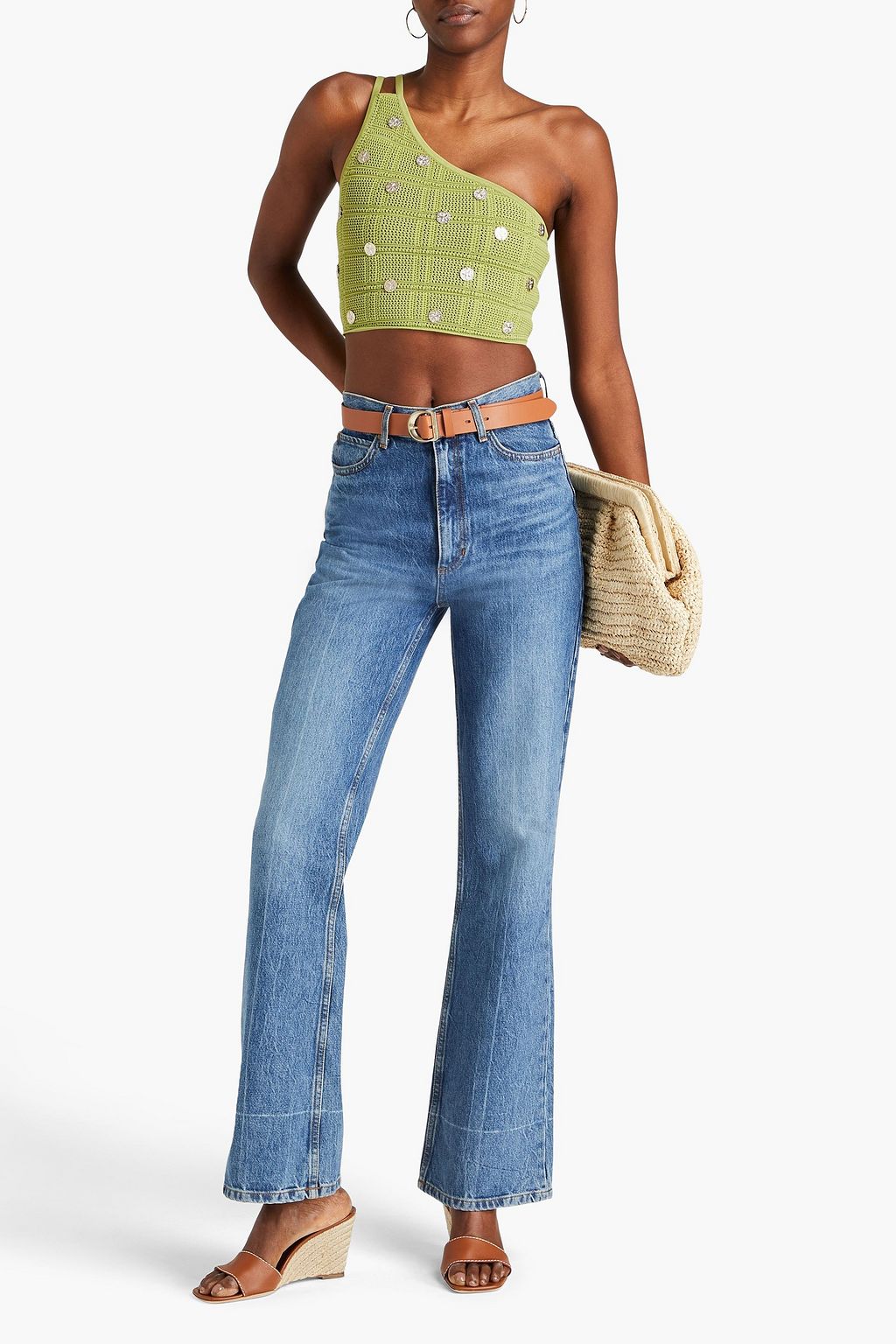 SANDRO One-shoulder cropped embellished crochet top