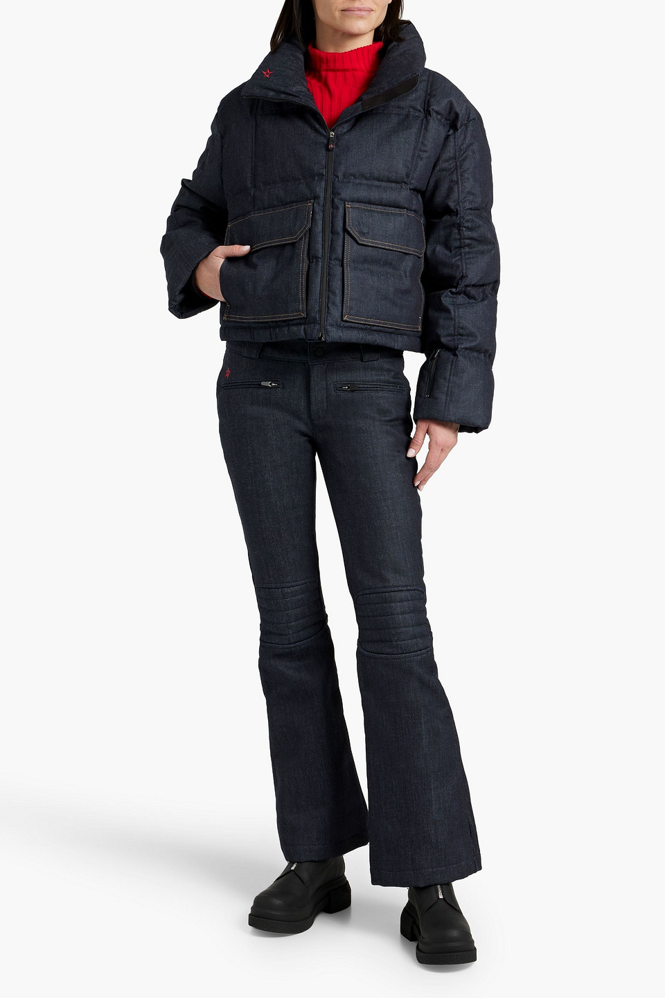 Shop Perfect Moment X Dl1961 Embroidered Denim Bootcut Ski Pants In Dark Denim