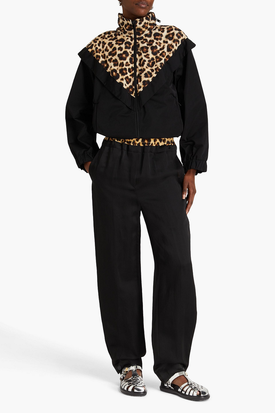  Sandro - Leopard-print Shell Jacket - Black - Fr 42 