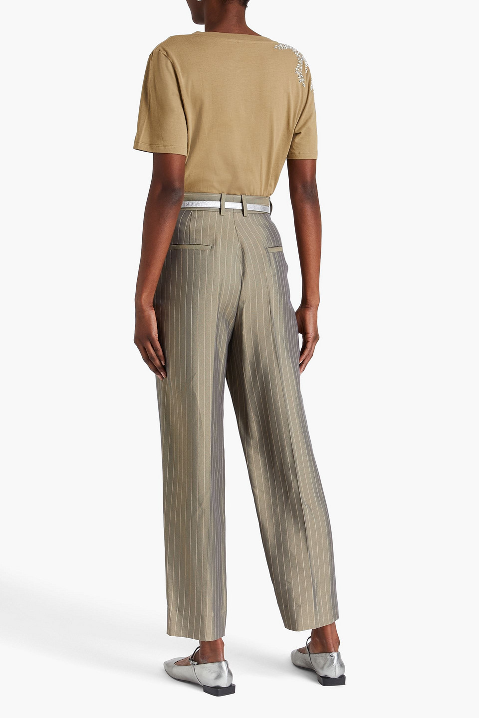 Sandro Pinstriped Twill Tapered Pants In Army Green